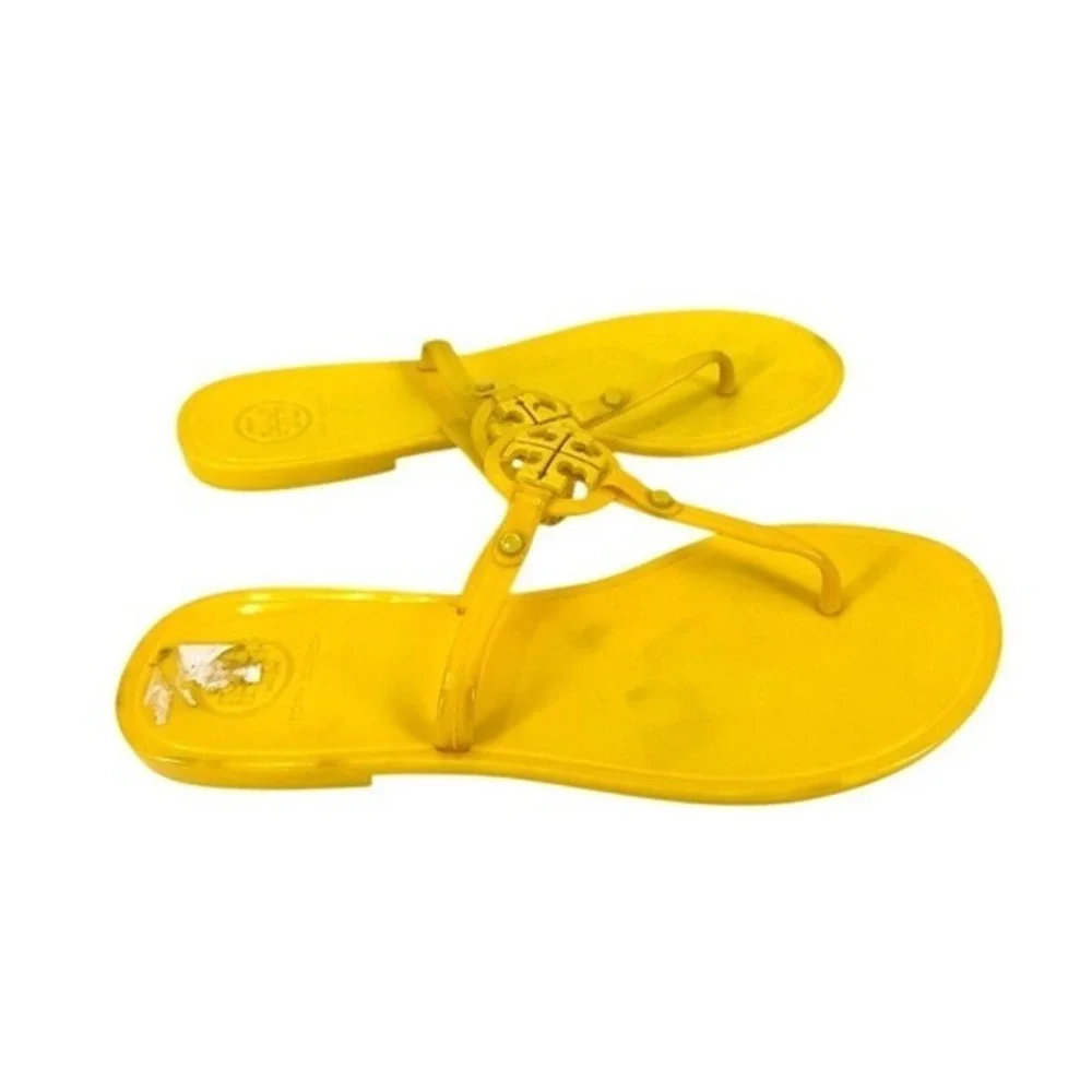 Tory Burch Mini‎ Miller Jelly Thong Sandals Yellow Logo Flat Flip Flops Womens 7